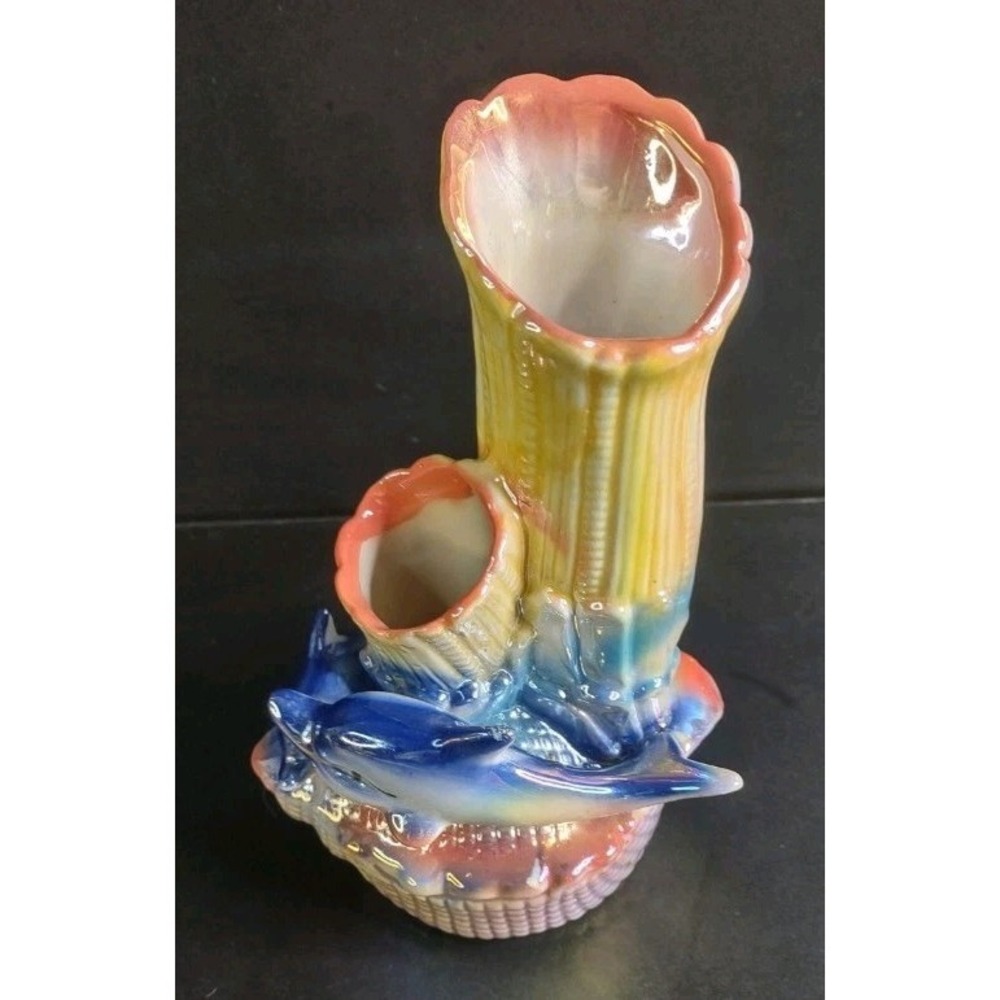 Vintage Dolphin Vase Coral Reef Ceramic Iridescent Multicolor Coastal Ocean...